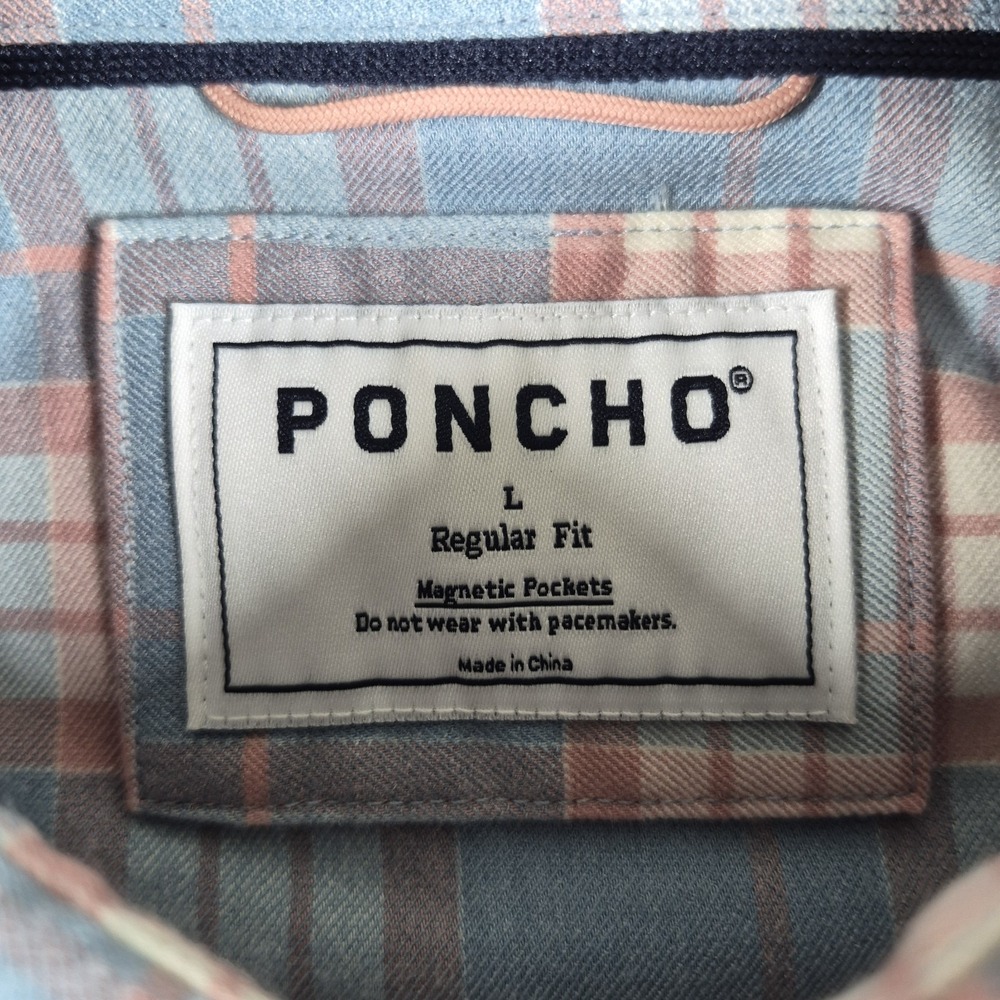 Poncho Flannel Shirt Men's Large Blue Pink Plaid Long Sleeve Regular Fit Comfort - Picture 6 of 8